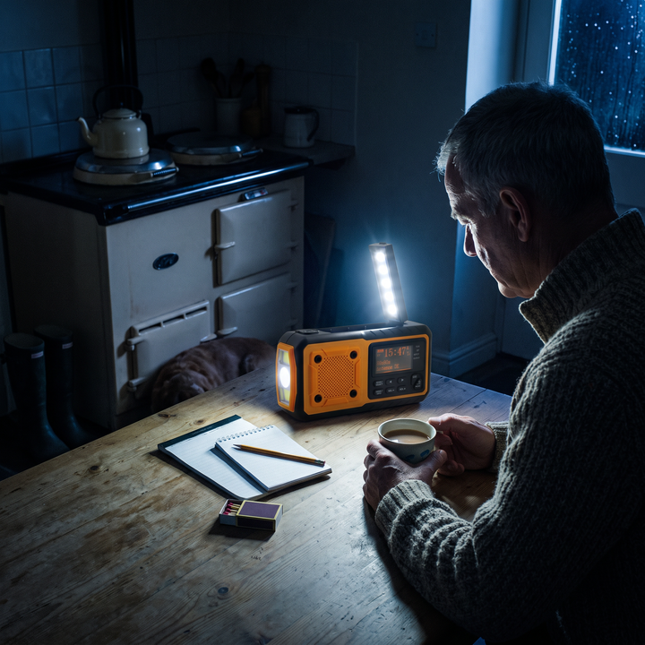 Man listening to the crank radio at the kitchen table during a storm power outage