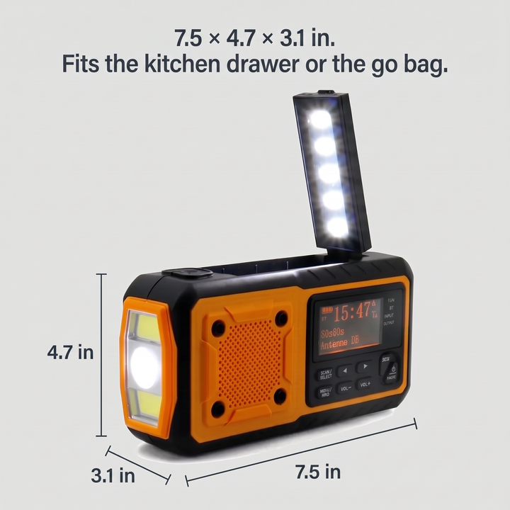 Hand crank radio dimensions: 7.5 x 4.7 x 3.1 in