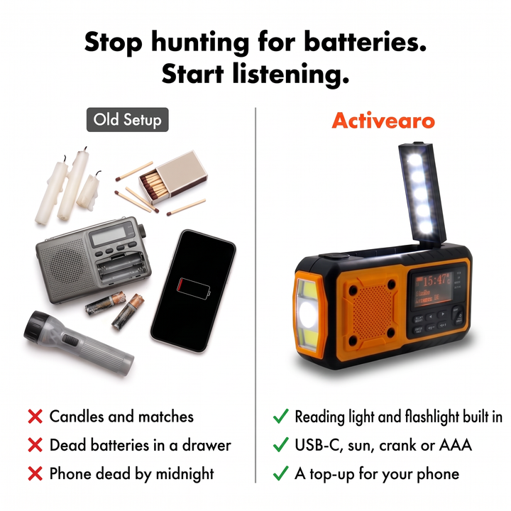 Comparison of candles, dead batteries and a dead phone with the Activearo hand crank radio