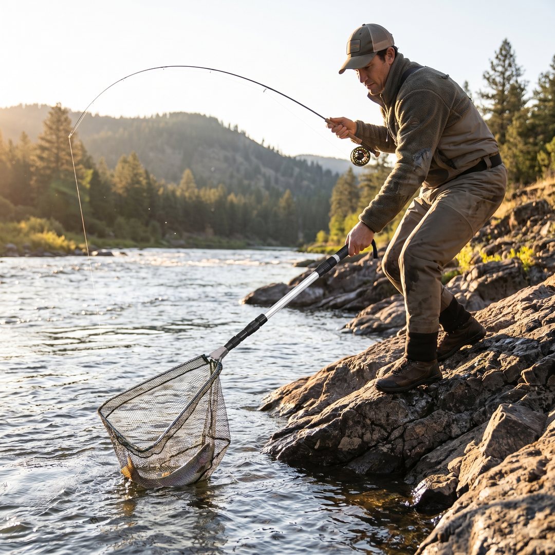 Angler netting a trout from a rocky riverbank with a telescopic landing net
