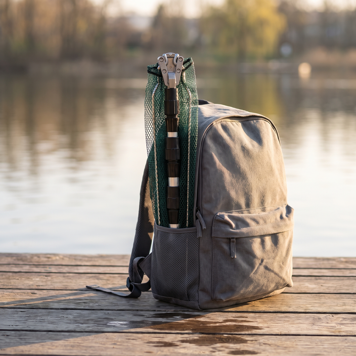 Folded landing net in a backpack side pocket