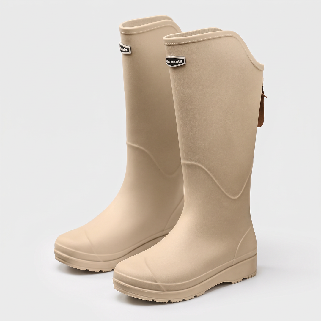 Women's knee high wellies in Beige, three-quarter front view