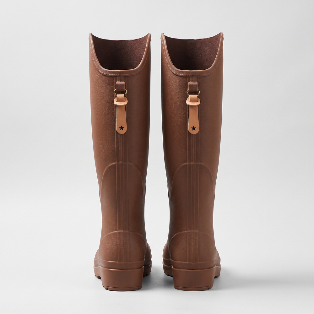 Women's knee high wellies in Brown from the back, showing the pull tabs
