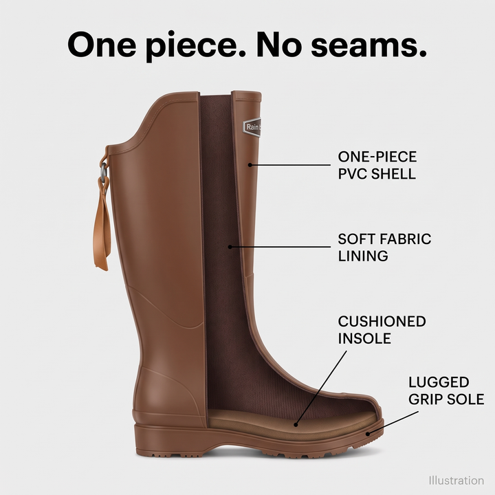 Illustration of the one-piece PVC shell, soft lining, cushioned insole and grip sole of the wellies
