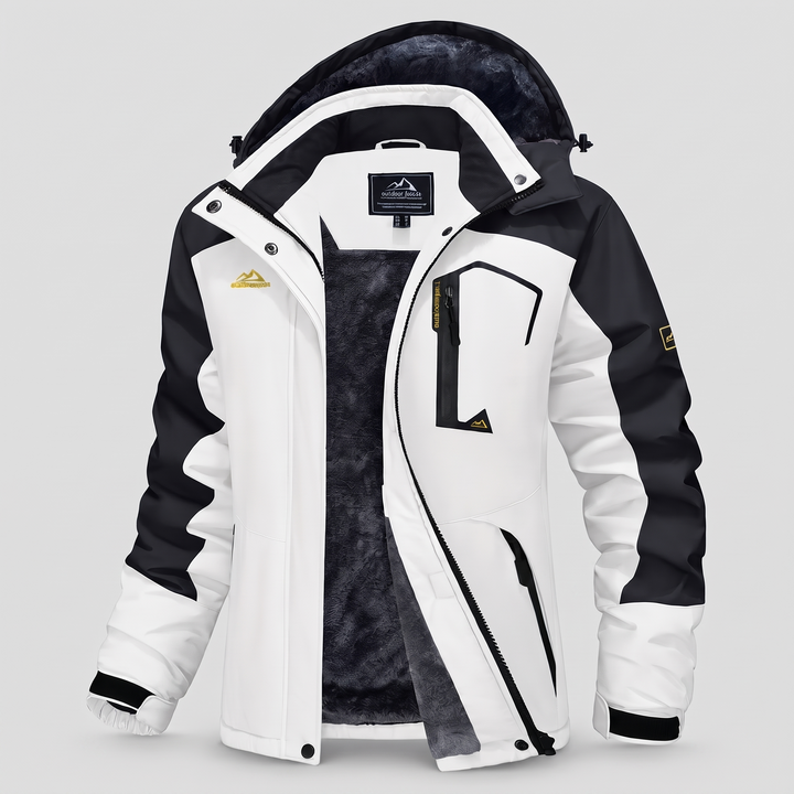 Women's winter coat in White / Black, front view with the fleece lining and detachable hood