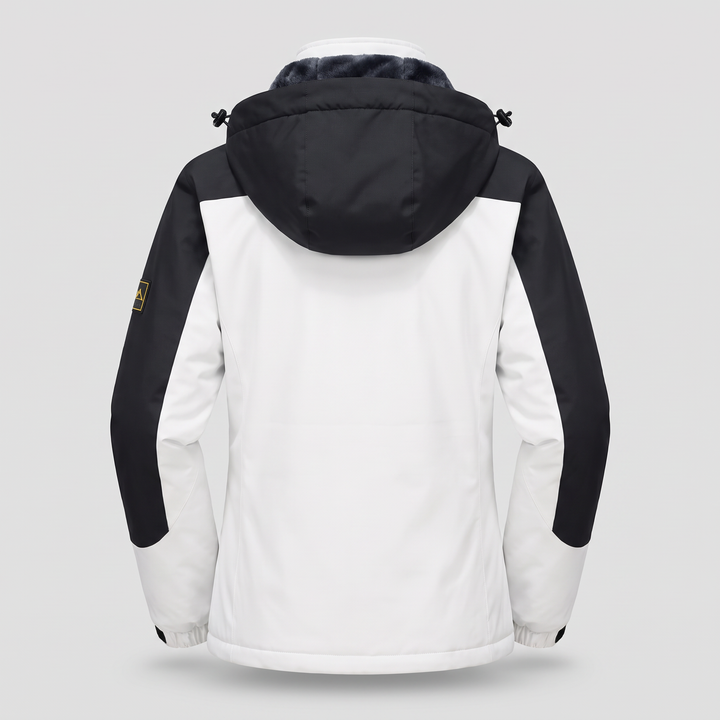 Women's winter coat in White / Black, back view with the hood
