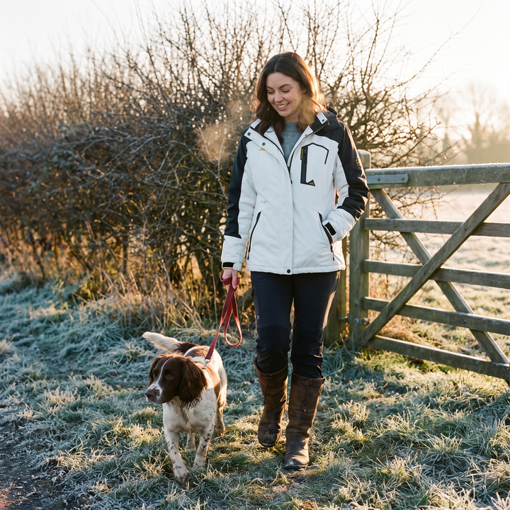 Woman walking a spaniel on a frosty morning in the White / Black women's winter coat