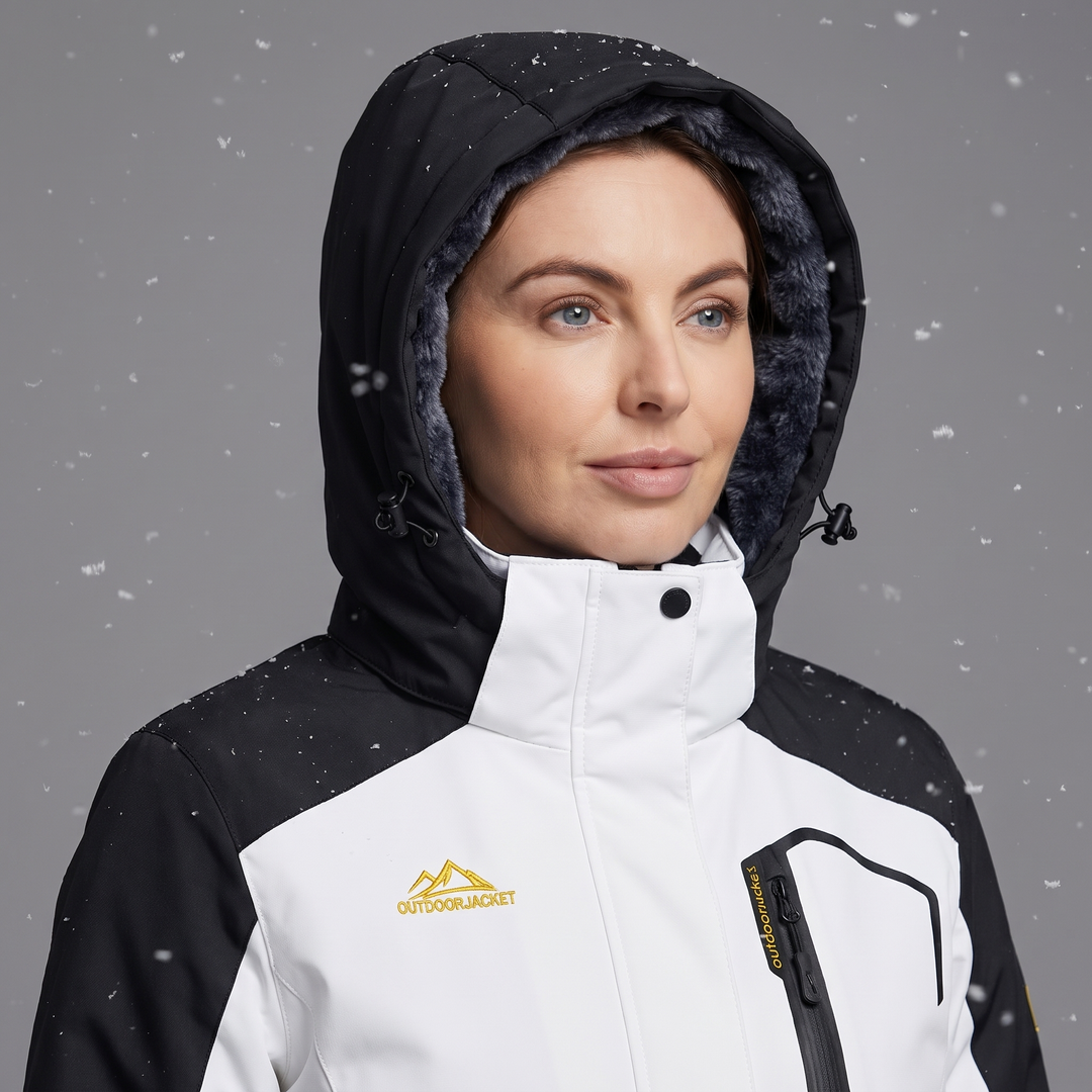 Women's winter coat with the fleece-lined hood up and the stand collar snapped closed