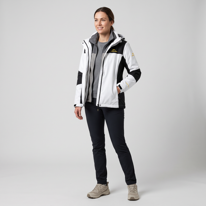 Full-length view of a woman wearing the women's winter coat in White / Black
