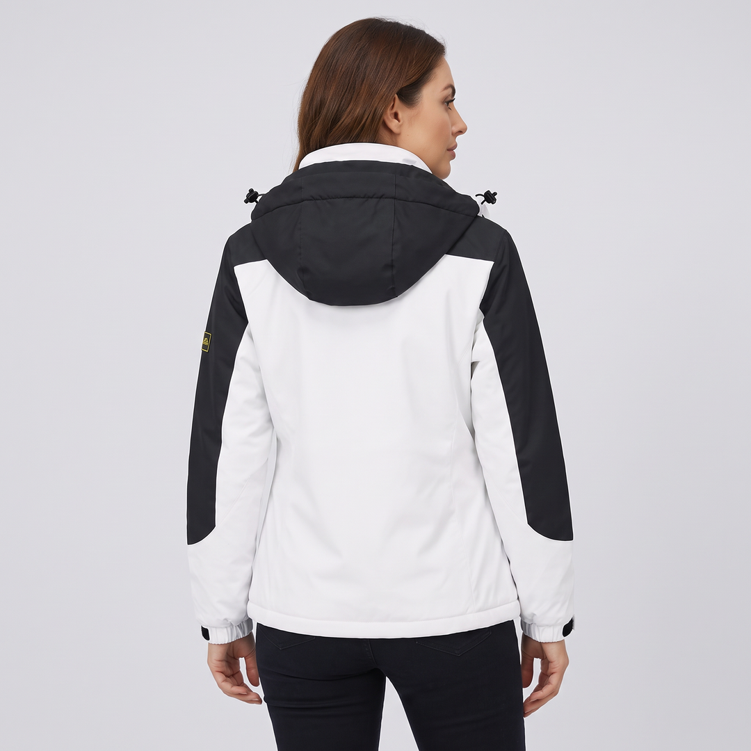 Back view of a woman wearing the women's winter coat in White / Black