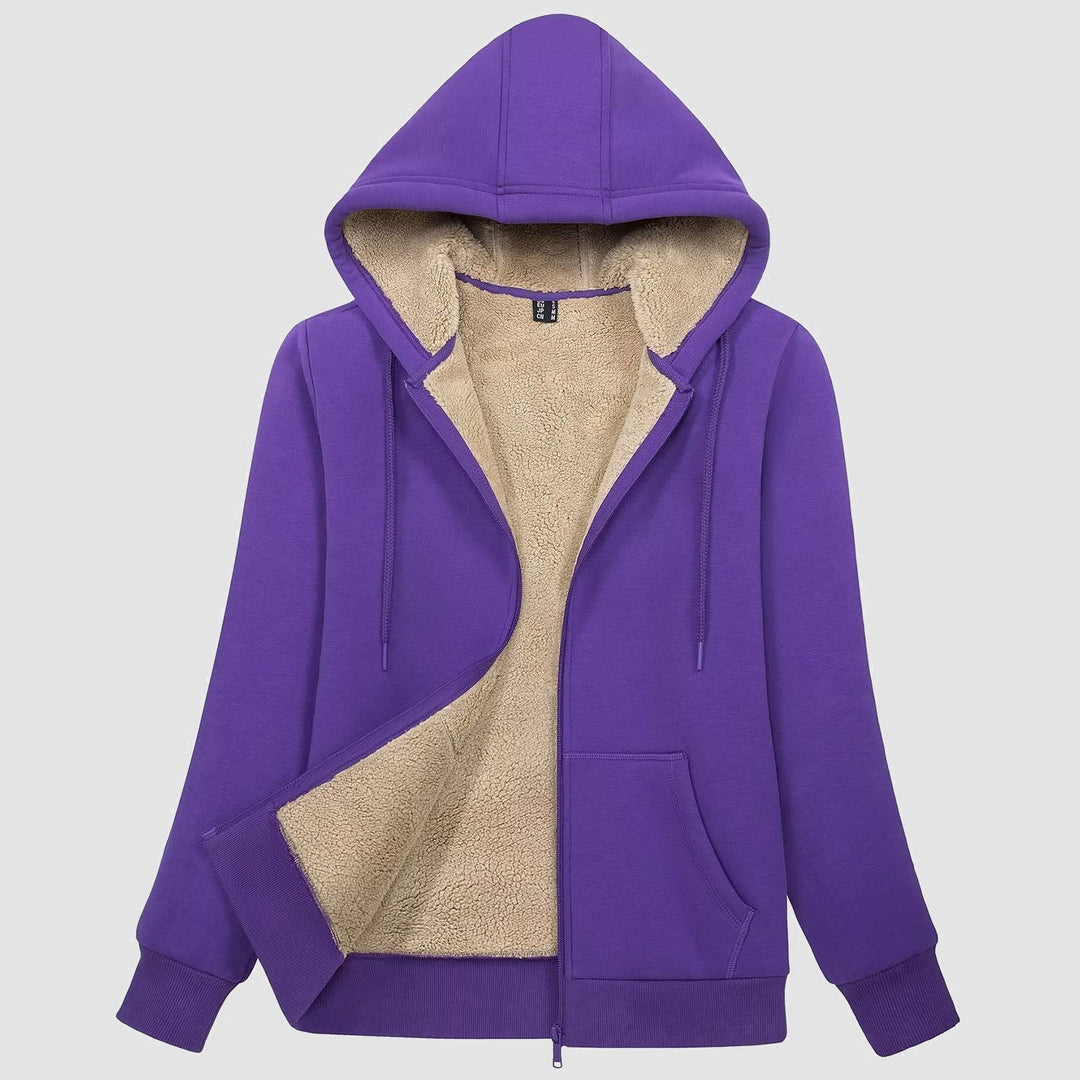 Women's sherpa lined zip up hoodie in Purple, front view