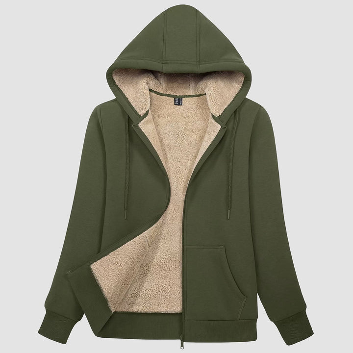 Women's sherpa lined zip up hoodie in Army Green, front view
