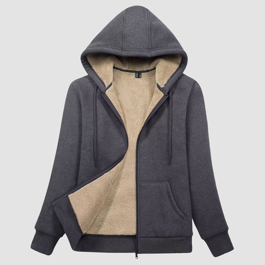 Women's sherpa lined zip up hoodie in Dark Gray, front view