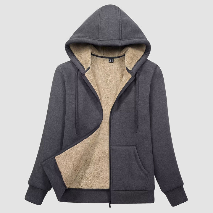 Women's sherpa lined zip up hoodie in Dark Gray, front view
