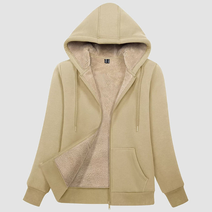 Women's sherpa lined zip up hoodie in Khaki, front view