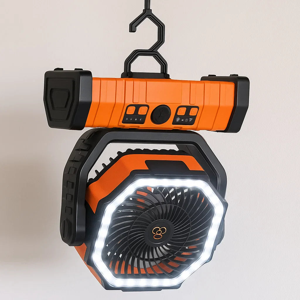 Camping Fan with Light & Power Bank – 3-in-1 Rechargeable Outdoor Fan