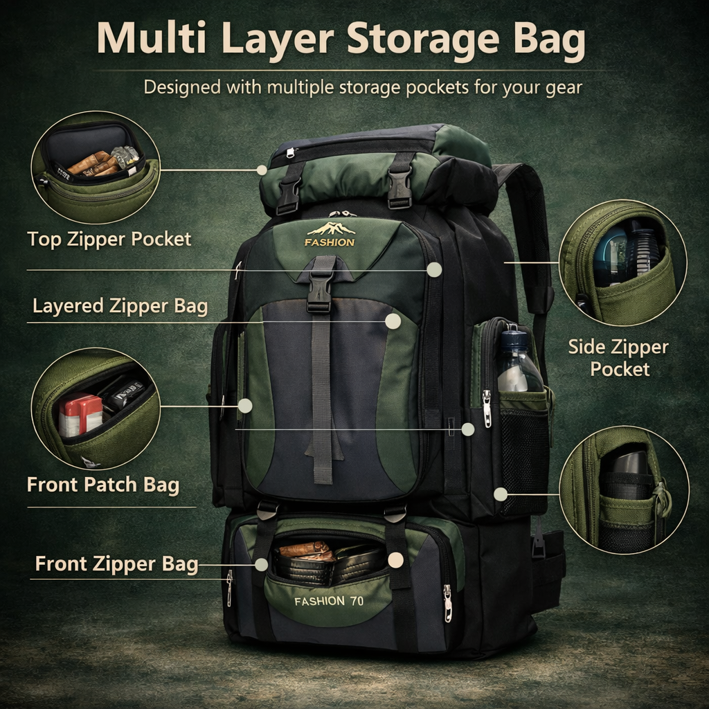 Large hiking backpack – 70L outdoor pack with adjustable straps and buckle closure