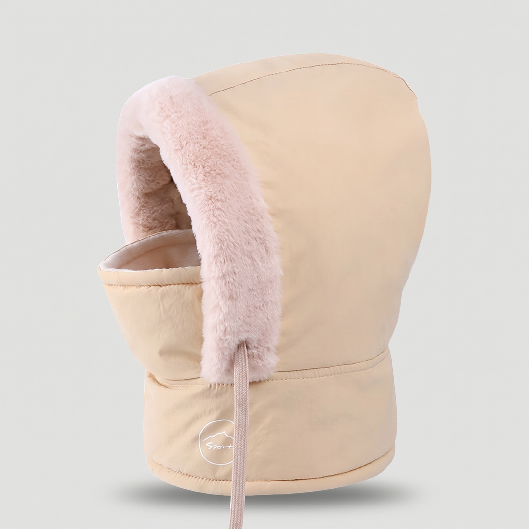 Hooded balaclava padded winter hood with plush trim and face mask in beige