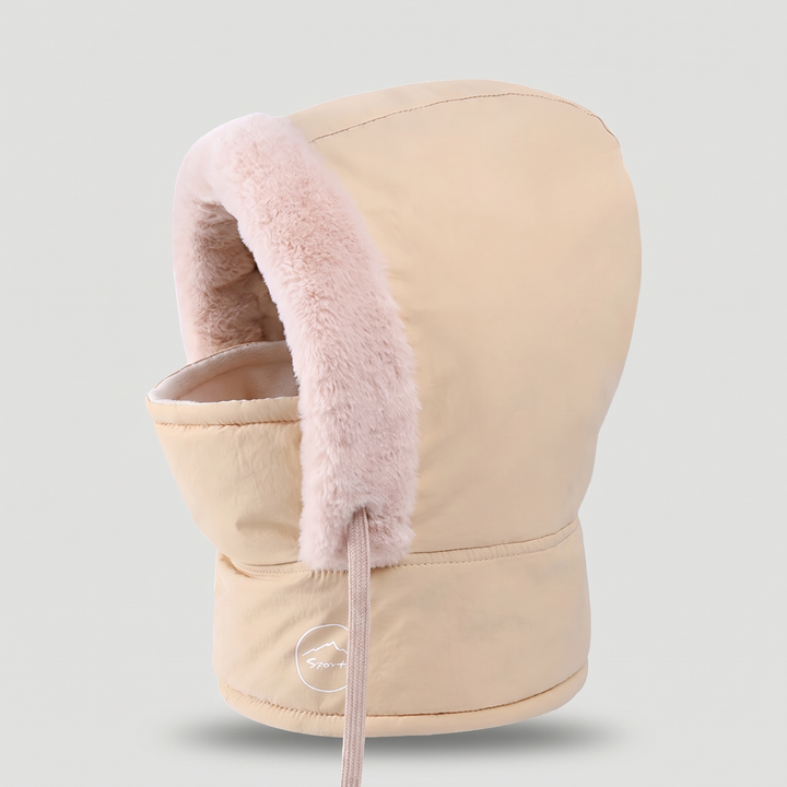 Hooded balaclava padded winter hood with plush trim and face mask in beige