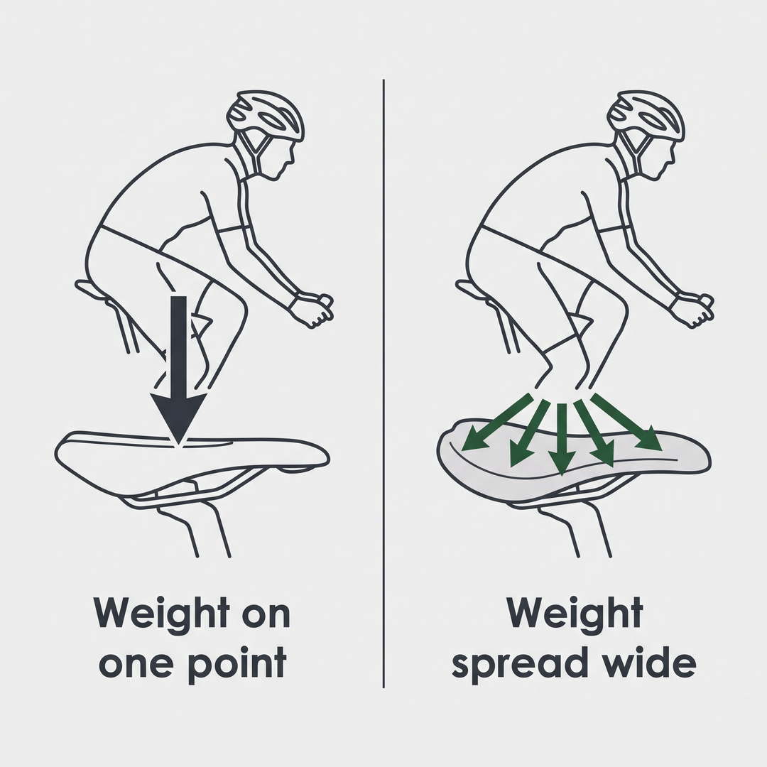 Diagram comparing saddle pressure on one point against pressure spread across the pad