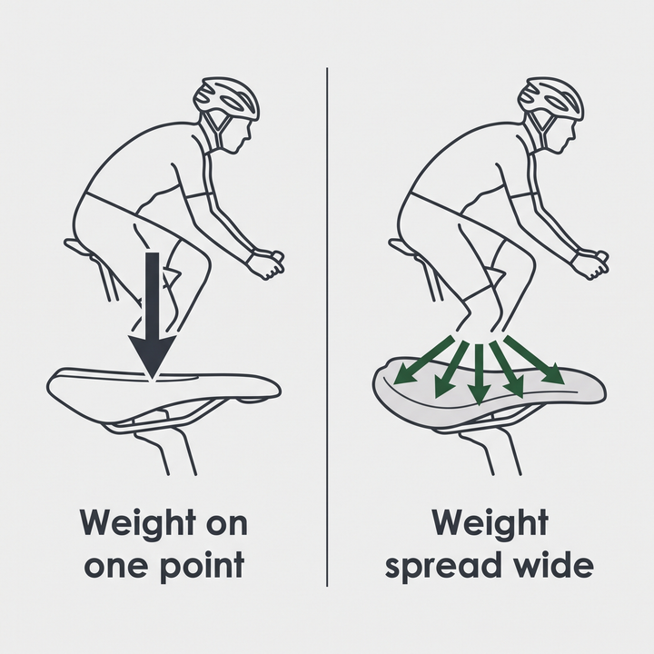 Diagram comparing saddle pressure on one point against pressure spread across the pad