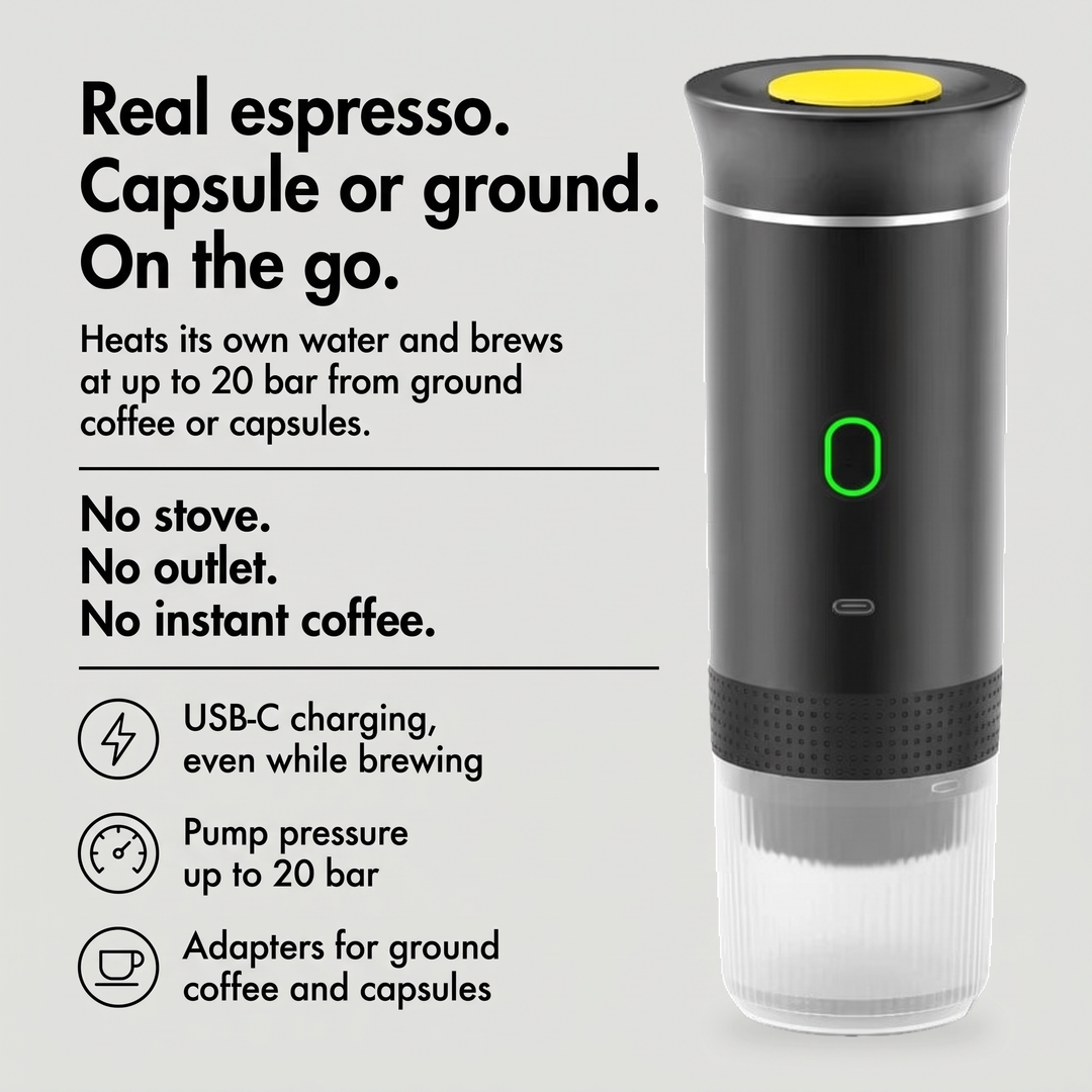 Portable coffee maker benefits: USB-C charging, 20 bar pump and adapters for capsules and ground coffee