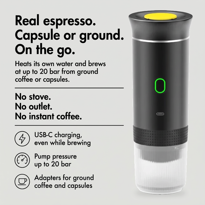 Portable coffee maker benefits: USB-C charging, 20 bar pump and adapters for capsules and ground coffee
