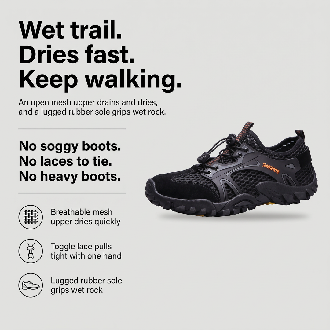 Water hiking shoes benefits: quick dry mesh upper, toggle lace and lugged rubber sole