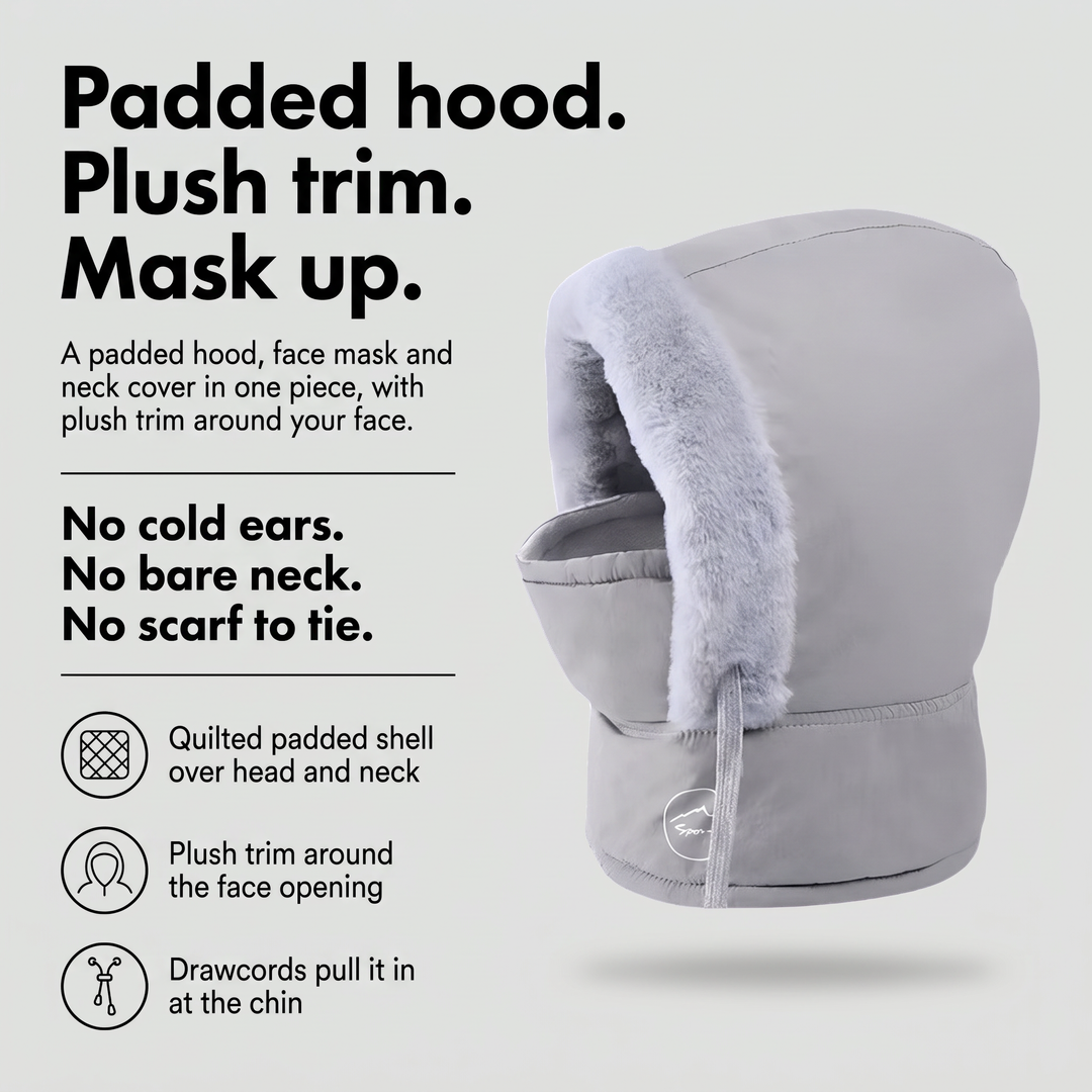 Hooded balaclava benefits: padded shell, plush trim and drawcords