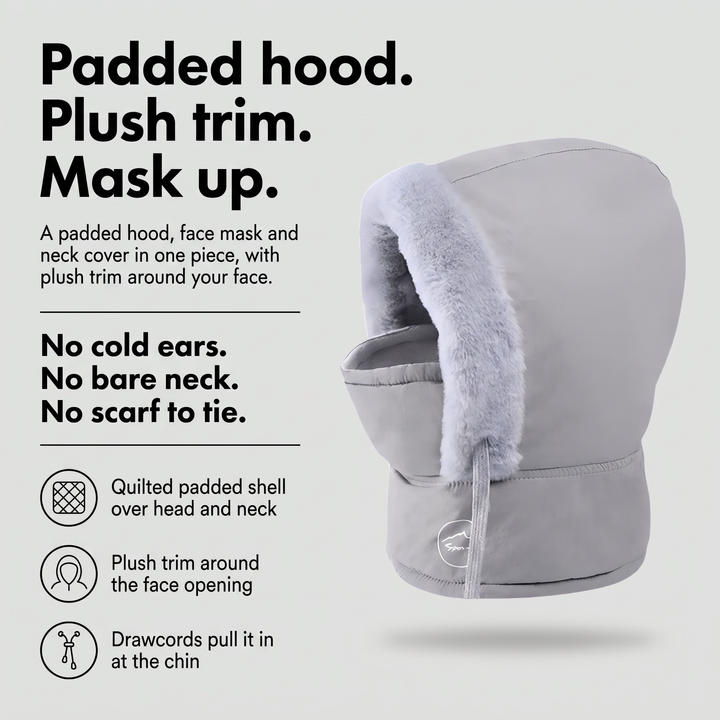 Hooded balaclava benefits: padded shell, plush trim and drawcords