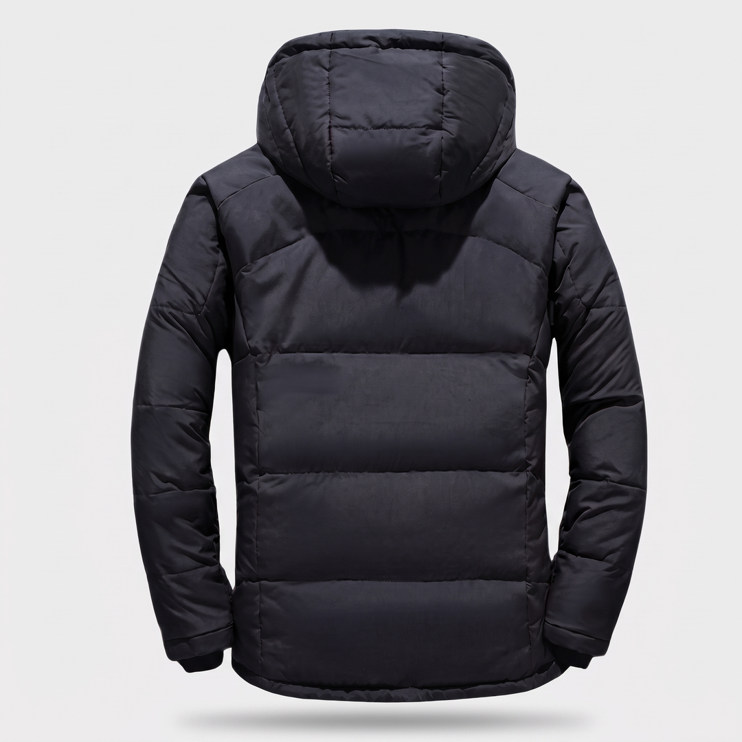 Men's Puffer Jacket in Black - back view with open jacket showing interior and sleeve zip pockets