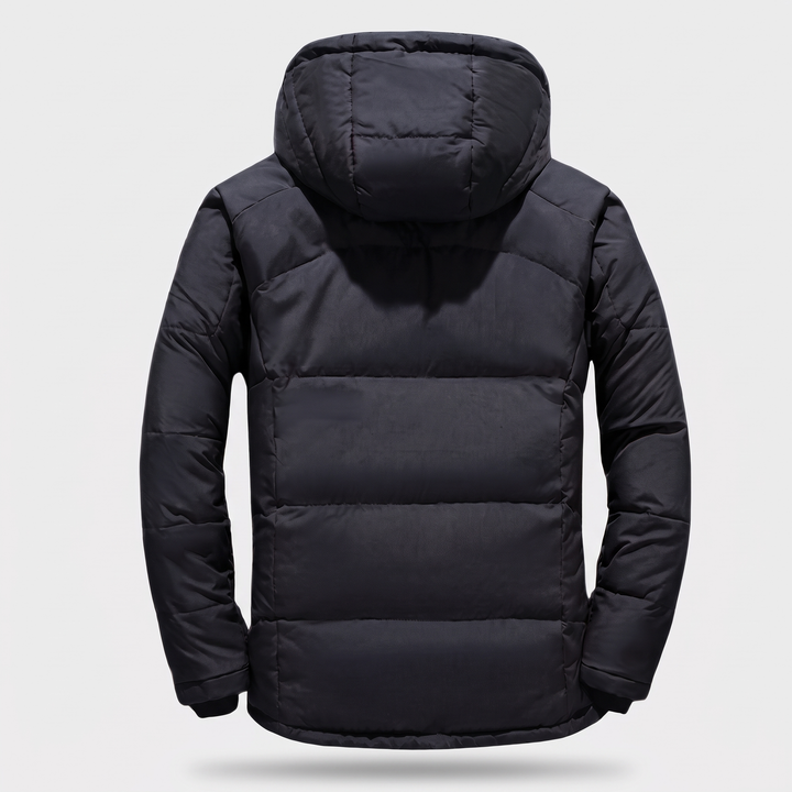 Men's Puffer Jacket in Black - back view with open jacket showing interior and sleeve zip pockets
