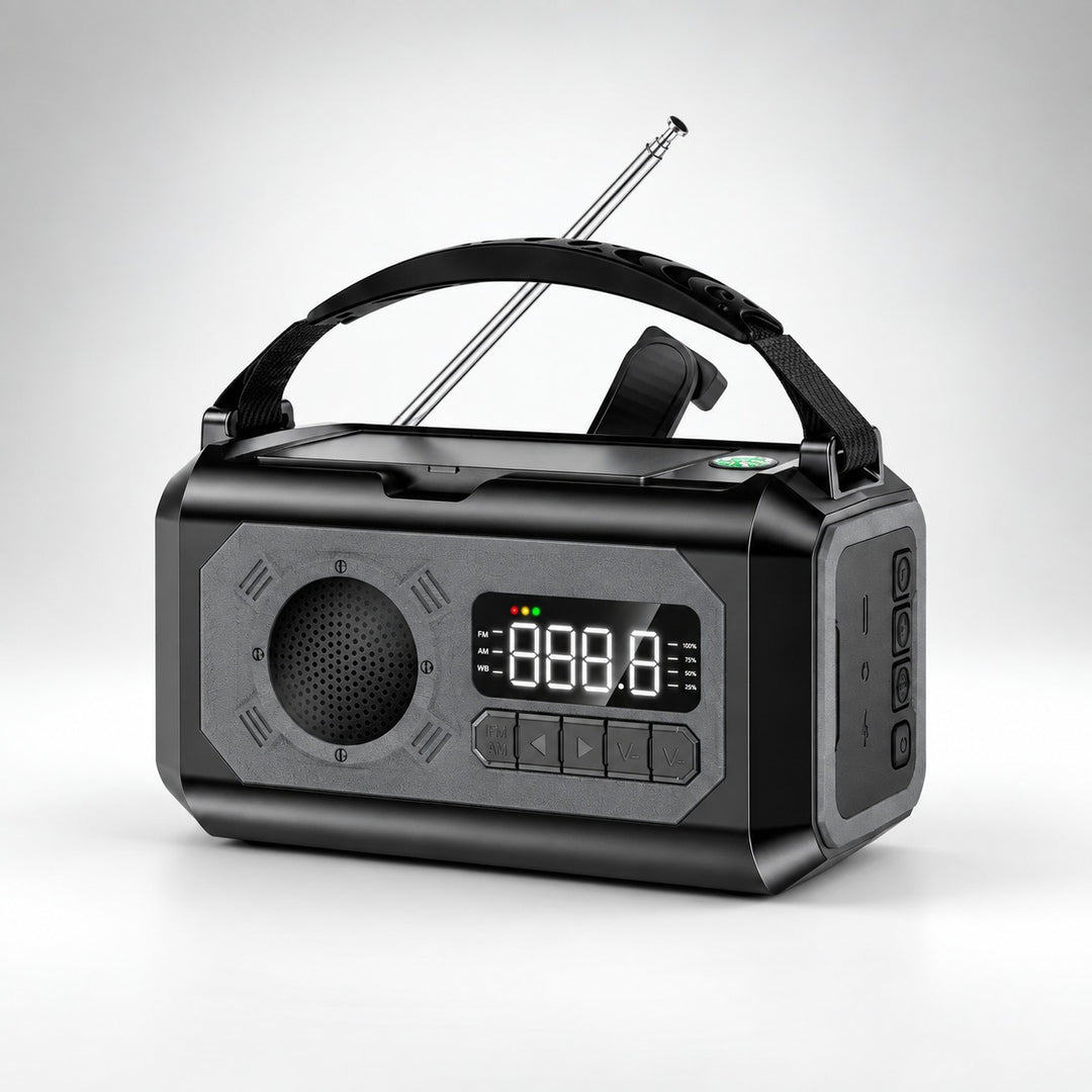 Black NOAA weather radio with 12000mAh power bank, carry handle and digital display