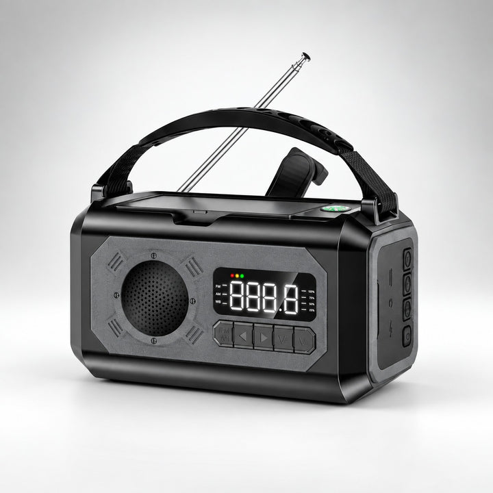 Black NOAA weather radio with 12000mAh power bank, carry handle and digital display