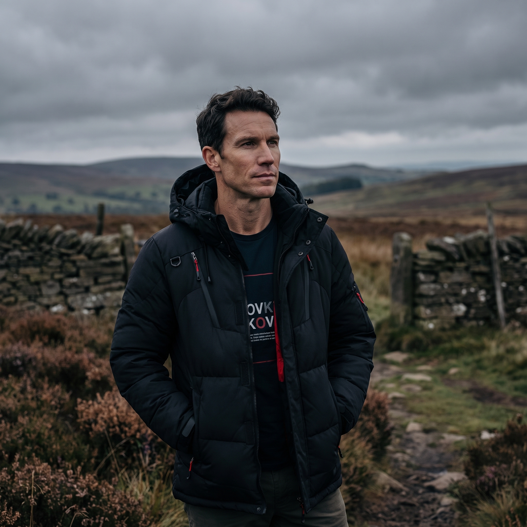 Men's Puffer Jacket in Black - outdoor lifestyle shot