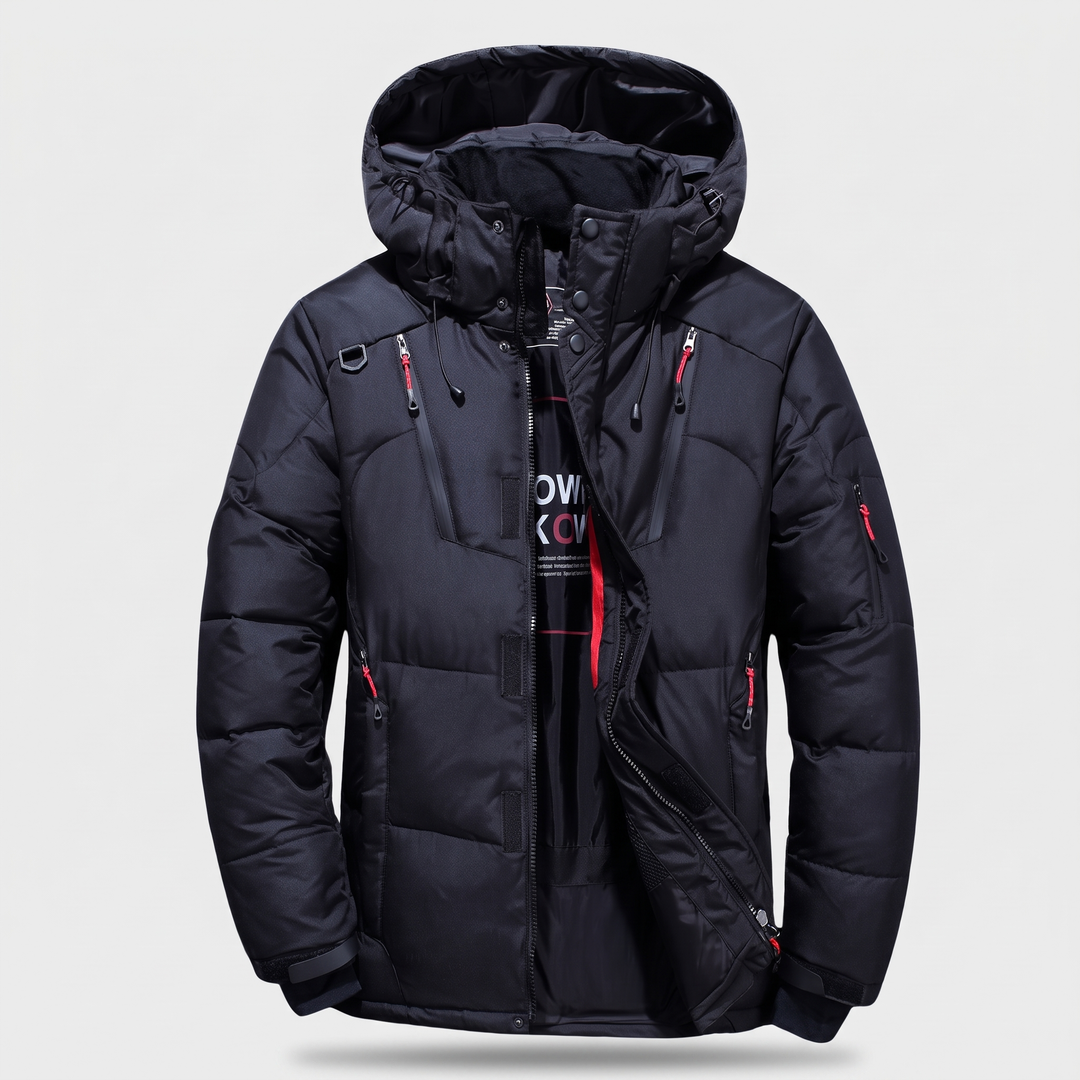 Men's Puffer Jacket in Black - front view, 7-pocket hooded winter jacket