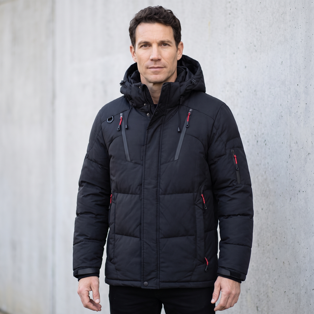 Men's Puffer Jacket in Black - studio product shot