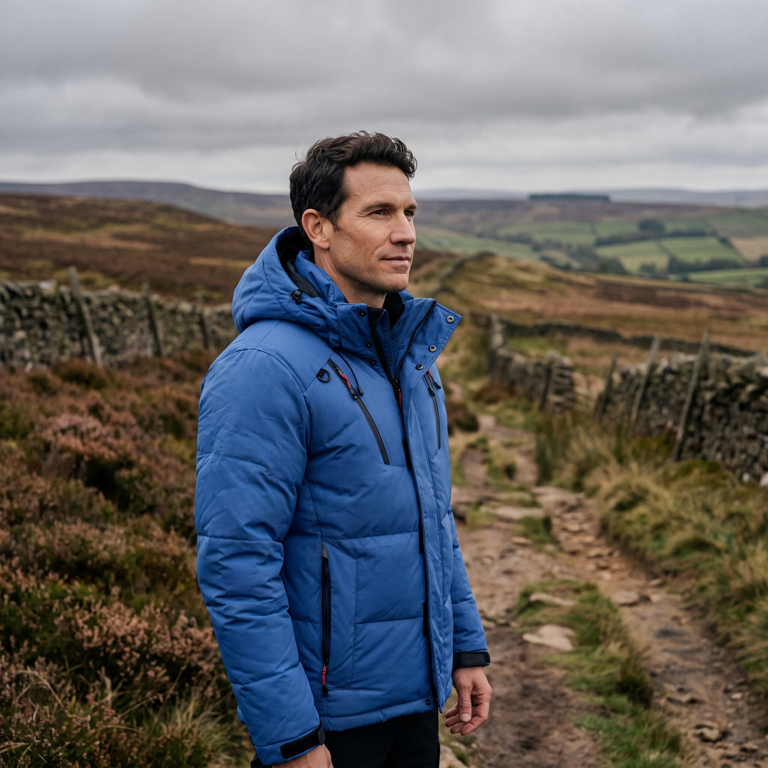 Men's Puffer Jacket in Blue - outdoor lifestyle shot
