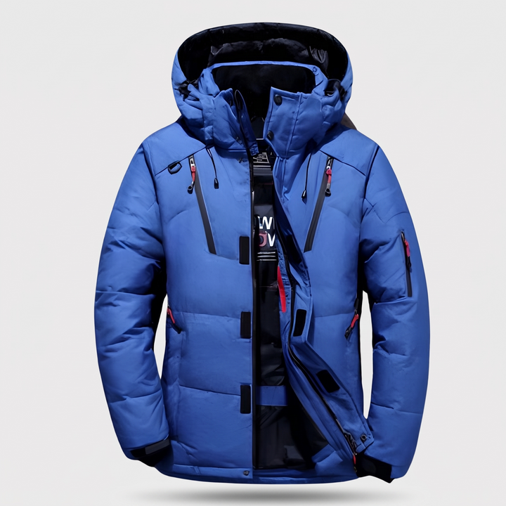 Men's Puffer Jacket in Blue - front view, 7-pocket hooded winter jacket