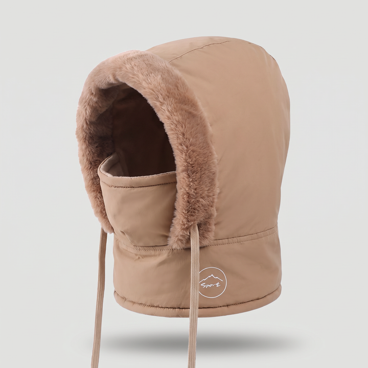 Hooded balaclava padded winter hood with plush trim and face mask in brown