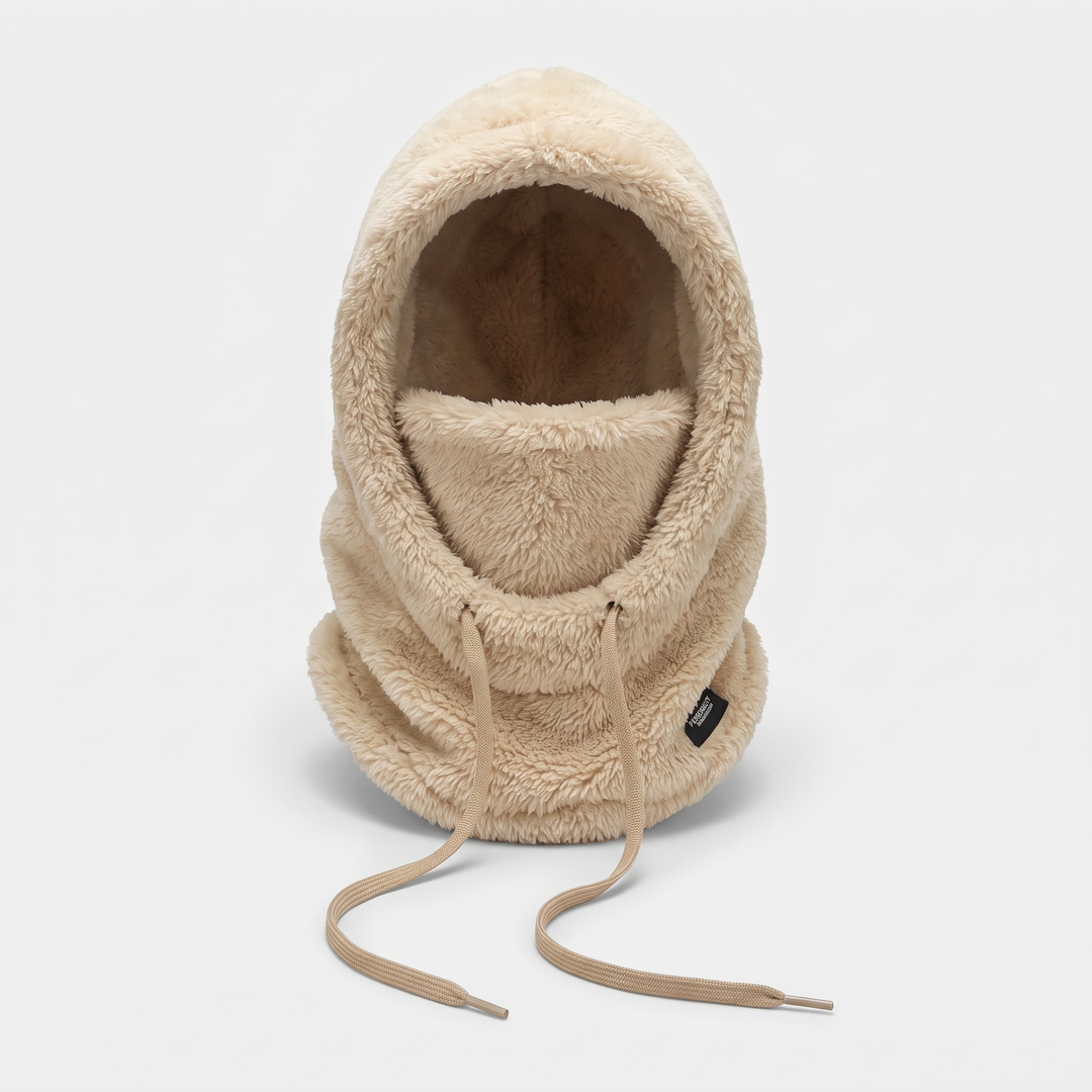 Fleece balaclava hood in Beige, front view with the face panel up