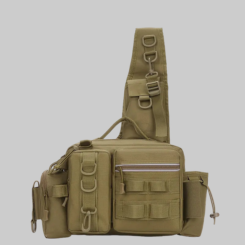 Olive green tactical sling bag on a white background