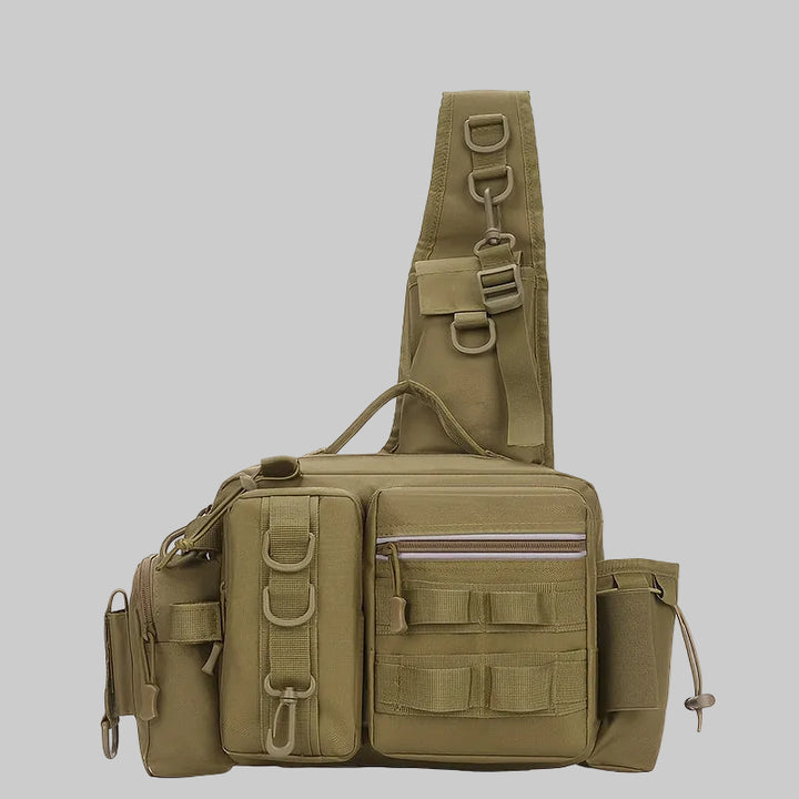 Olive green tactical sling bag on a white background