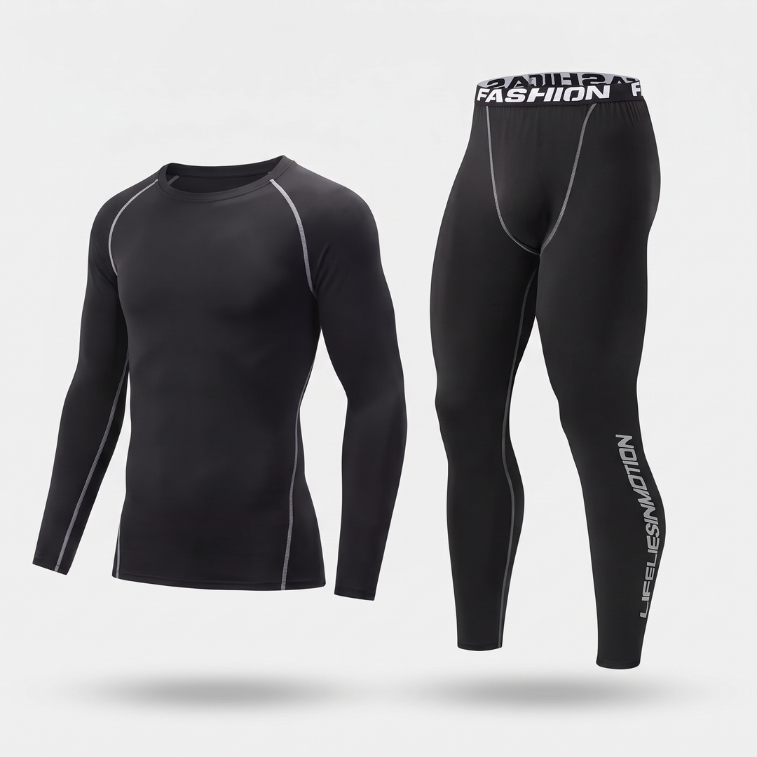 Men's long johns base layer set in Black with Gray Piping, front view