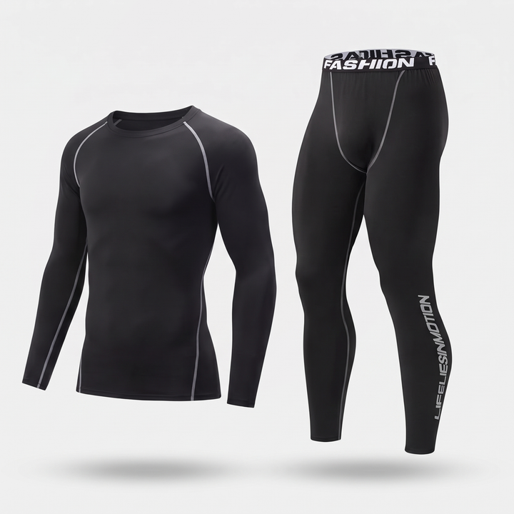 Men's long johns base layer set in Black with Gray Piping, front view