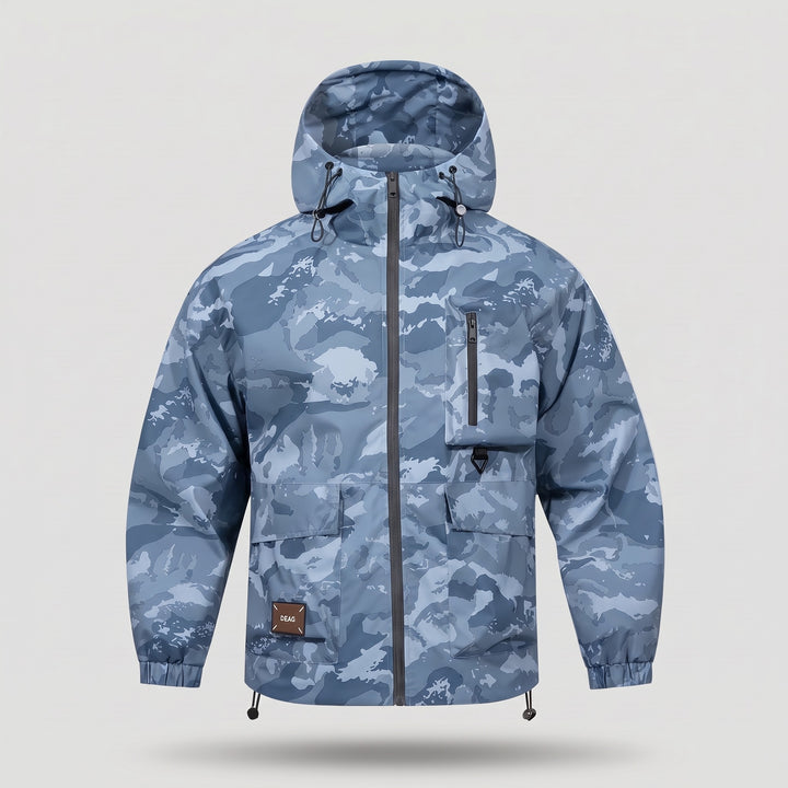 Gray blue camo hooded jacket, front