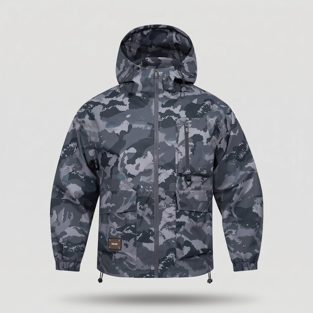 Dark gray camo hooded jacket, front