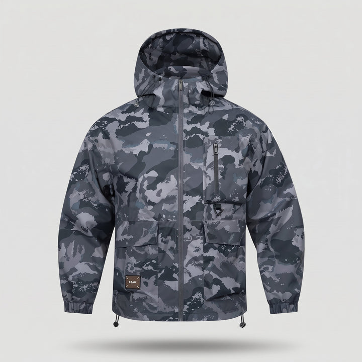 Dark gray camo hooded jacket, front