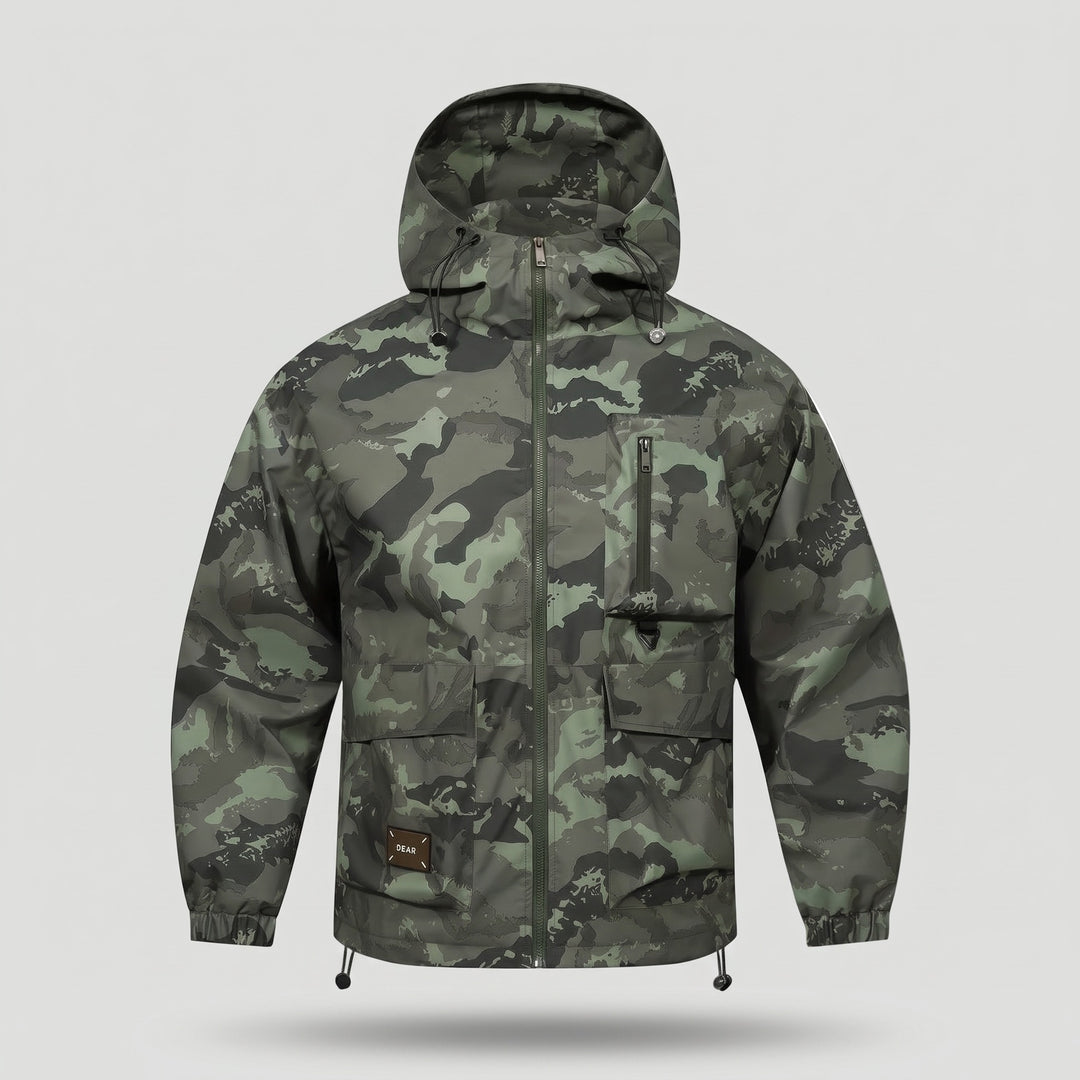 Army green camo hooded jacket, front