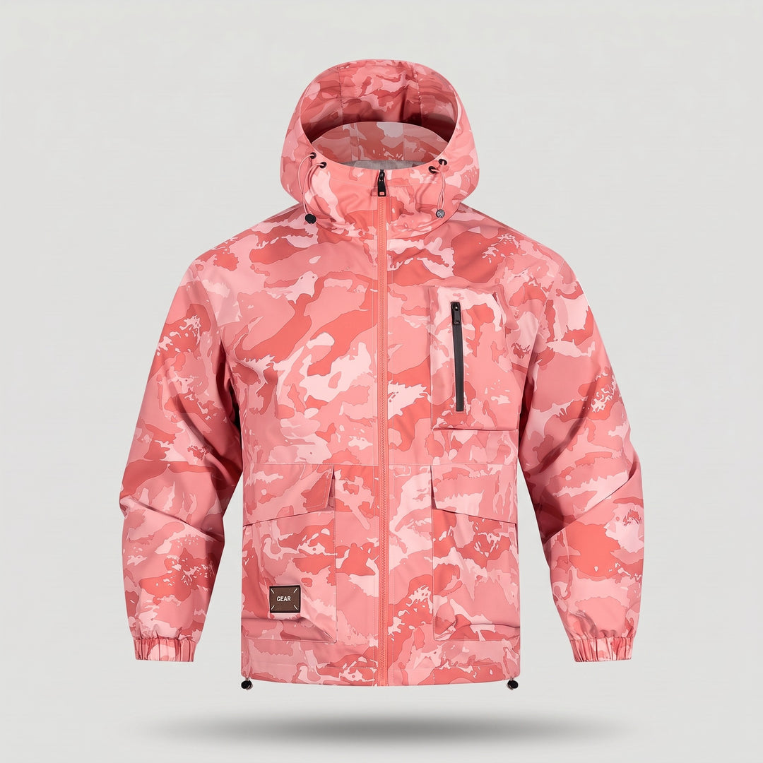 Pink camo hooded jacket, front